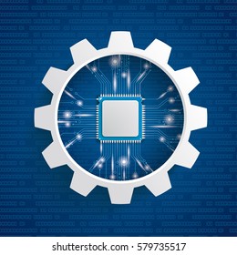 Infographic with gear wheel and microchip on the blue background. Eps 10 vector file.