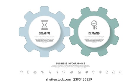 Engranajes infográficos con 2 pasos. Escala vectorial moderna con ruedas cognitivas para concepto de negocio, gráfico, diagrama, web, banner, presentaciones, diagrama de flujo, niveles