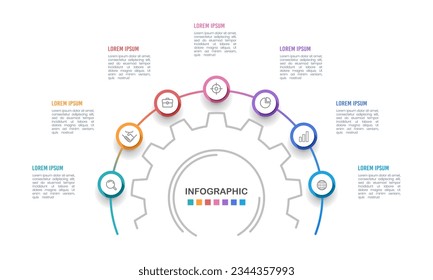 La infografía muestra 7 procesos para el éxito. CogWheel, proceso, opciones, pasos. Ilustración vectorial.