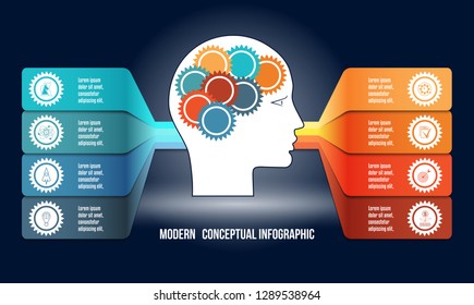 Infographic with gears in men head, and colorfull strips. Template with 8 options used to intelligence concept and other conceptual variants.