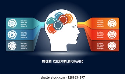 Infographic with gears in men head, and colorfull strips. Template with 6 options used to intelligence concept and other conceptual variants.