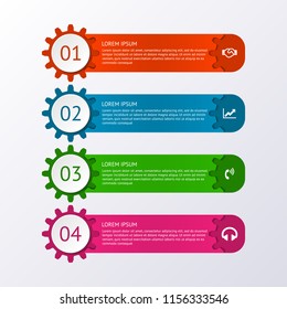 Infographic gears with numbers, icons and text. 4 color horizontal banners. Vector illustration