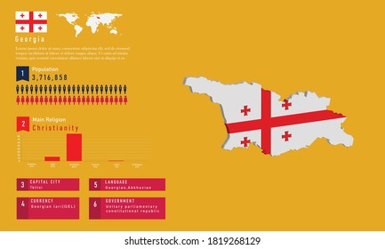 Infographic of Georgia map there is flag and population, religion chart and capital government currency and language, vector illustration