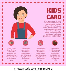 Infographic with girl and farm animals. For kids garden design. Vector illustration