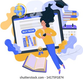 Infographic, graduation, e-learning research, university exam, college research, online courses concept. Character teaching course or seminar for students in the world. 