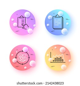 Infographic graph, Checklist and Stress minimal line icons. 3d spheres or balls buttons. Clipboard icons. For web, application, printing. Line diagram, Questioning clipboard, Anxiety chat. Vector