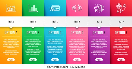 Infographic graph, Currency exchange and Payment method line icons set. Infographic timeline. Sale megaphone, Diagram graph and Flight sale signs. Vector