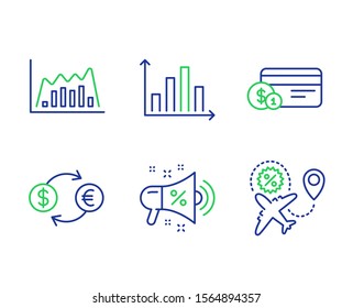 Infographic graph, Currency exchange and Payment method line icons set. Sale megaphone, Diagram graph and Flight sale signs. Line diagram, Banking finance, Cash or non-cash payment. Shopping. Vector