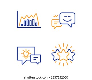 Infographic graph, Idea lamp and Happy emotion icons simple set. Star sign. Line diagram, Business energy, Web chat. Customer feedback. Business set. Linear infographic graph icon. Colorful design set