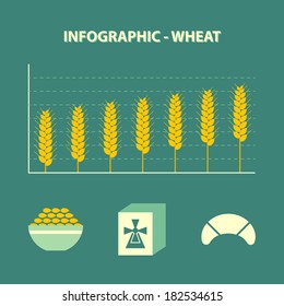 infographic with graph of increase wheat and bakery icons in flat design