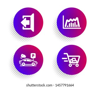 Infographic graph, Parking security and Sign out icons simple set. Halftone dots button. Shopping cart sign. Line diagram, Video camera, Logout. Online buying. Business set. Vector