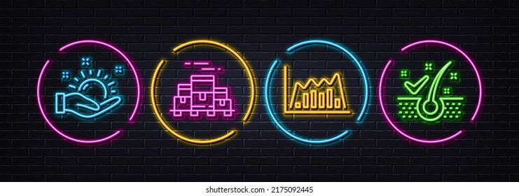 Infographic graph, Sunny weather and Boxes pallet minimal line icons. Neon laser 3d lights. Anti-dandruff flakes icons. For web, application, printing. Line diagram, Hold sun, Warehouse goods. Vector