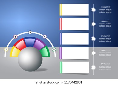 Infographic with a gray ball surrounded by a colored semicircle ready for presentation of paths, steps, process. Empty paper labels are ready for your text.