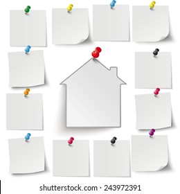 Infographic with gray stickers and colored thumbtacks on the white background. Eps 10 vector file.