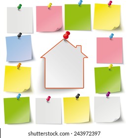 Infographic with gray stickers and colored thumbtacks on the white background. Eps 10 vector file.