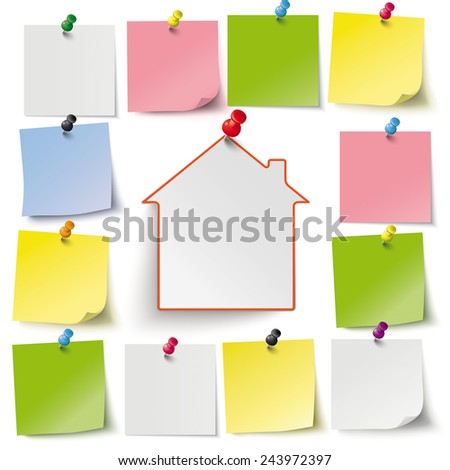 Infographic with gray stickers and colored thumbtacks on the white background. Eps 10 vector file.