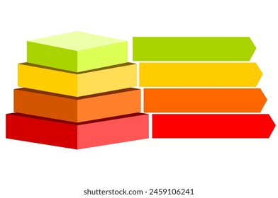 Infografía de verde con rojo con naranja y amarillo cuadrado caja dividida y cortada en cuatro y espacio para texto, forma piramidal hecha de cuatro capas para presentar ideas de negocio o disparidad y estatista