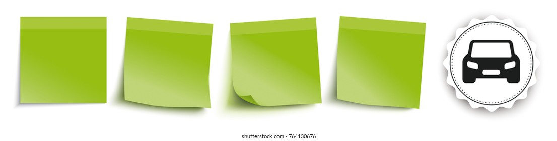 Infographic with green stickers and with car on the white background. Eps 10 vector file.