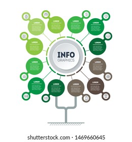 Infographic of green technology or education process with 12 points. Template of tree, info chart or diagram. Vertical eco Business presentation concept with 12 options.