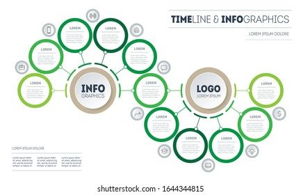 Infographic of green technology or education process with 11 parts. Development strategy. Horizontal eco Business presentation concept with eleven options. Template of info chart or diagram. Vector.