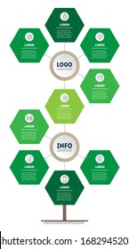 Infografik für grüne Technologie oder Bildungsprozess mit 9 Teilen. Vorlage des Baumes oder Diagramms. Vertikale Öko-Präsentation mit neun Optionen. Infografiken aus Hexagonen. Vektorillustration.