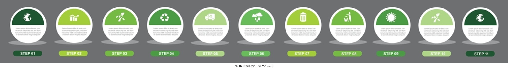  Infographic of green technology or education process with 11 steps.Eco Business presentation. Development and growth of the farming and green technology.
