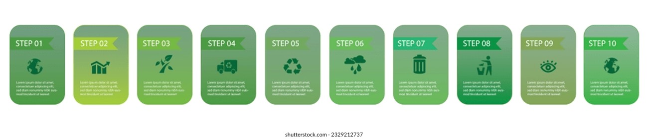  Infografik von grüner Technologie oder Bildungsprozess mit 10 Schritten.Eco Business Präsentation. Entwicklung und Wachstum der Landwirtschaft und der grünen Technologien.