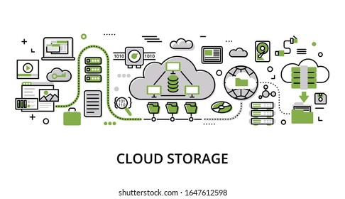 Infographic greenery Cloud Storage concept, modern flat thin line vector illustration, for graphic and web design