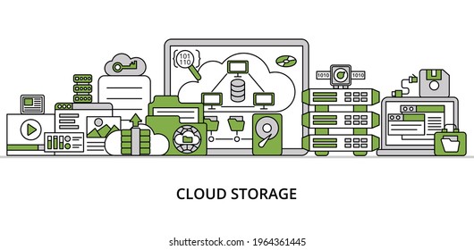 Infografik Green Cloud Storage Konzept, moderne flache, dünne Vektorgrafik, für Grafik und Webdesign
