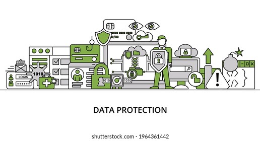 Infographic greenery Data Protection concept, modern flat thin line vector illustration, for graphic and web design