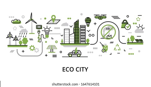 Infographic Greenery Eco City Concept, Modern Flat Thin Line Vector Illustration, For Graphic And Web Design
