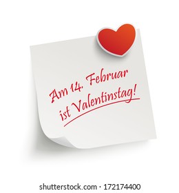 Infographic with grey sticker on the grey background. German text "Am 14. Februar ist Valentinstag", translate "14. February is Valentine`s Day". Eps 10 vector file.