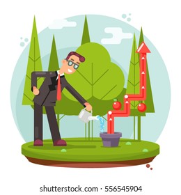 Infographic Growth Cultivate Success Businessman Watering Plant Flat Design Vector illustration