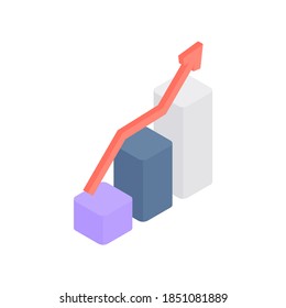 Infographic growth vector isometry. Red graph arrow on statistical columns. Financial investment progress and creative increase in achievement. Increasing profitability commercial stock illustration.