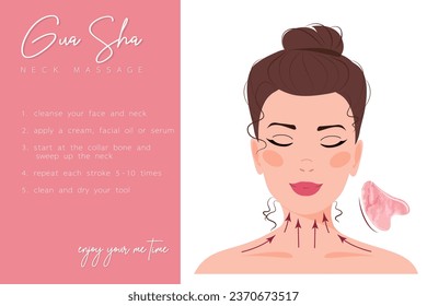 Infographic of gua sha facial yoga neck massage. Direction for jade roller. Acupuncture anti-aging traditional chinese medicine self care method with rose quartz stone.