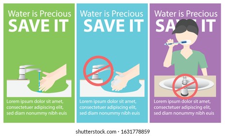 Infographic of guidelines for helping to conserve water in homes. Uses only a little. When use soap does not use. When brushing teeth do not use.  