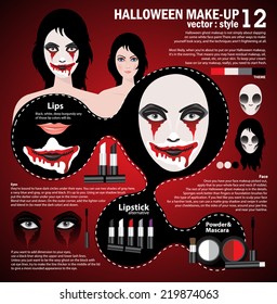 Infographic halloween make up,woman in day of the dead mask face art. Halloween face art with cosmetic on red background 