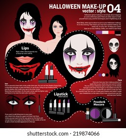 Infographic halloween make up,woman in day of the dead mask face art. Halloween face art with cosmetic on red background 