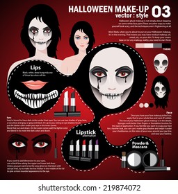 Infographic halloween make up,woman in day of the dead mask face art. Halloween face art with cosmetic on red background 