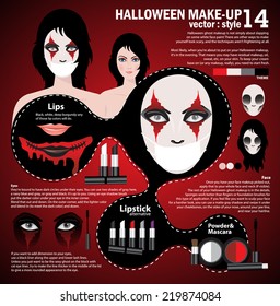 Infographic halloween make up,woman in day of the dead mask face art. Halloween face art with cosmetic on red background 