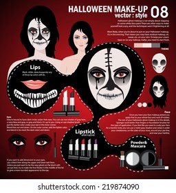 Infographic halloween make up,woman in day of the dead mask face art. Halloween face art with cosmetic on red background 