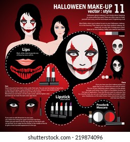 Infographic halloween make up,woman in day of the dead mask face art. Halloween face art with cosmetic on red background 
