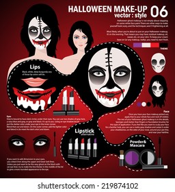 Infographic halloween make up,woman in day of the dead mask face art. Halloween face art with cosmetic on red background 