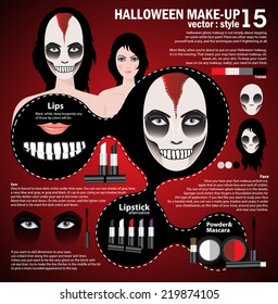 Infographic halloween make up,woman in day of the dead mask face art. Halloween face art with cosmetic on red background 
