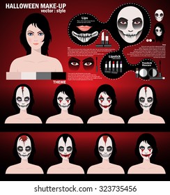 Infographic halloween make up,woman in day of the dead mask face art. Halloween face art with cosmetic on red background