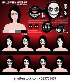 Infographic halloween make up,woman in day of the dead mask face art. Halloween face art with cosmetic on red background