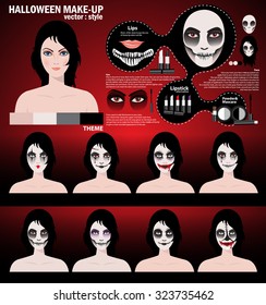 Infographic halloween make up,woman in day of the dead mask face art. Halloween face art with cosmetic on red background