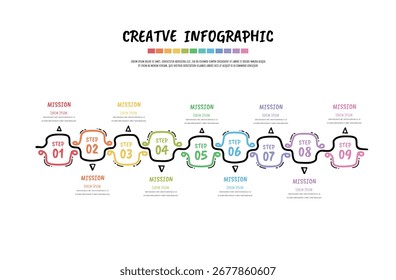 Infografía Plantilla de diseño dibujado a mano con 9 opciones, se puede utilizar para el diagrama de proceso, presentaciones, diseño de flujo de trabajo, Anuncio, diagrama de flujo, gráfico de información. Vector EPS.