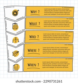 Infographic hand drawn professional steps With 5 W 1 H. Vector illustration.