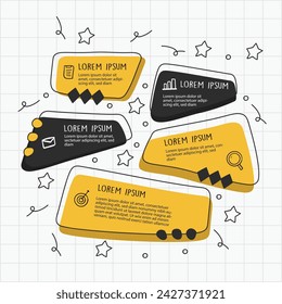 Infografía dibujada a mano pasos profesionales con color amarillo y negro. Ilustración vectorial.